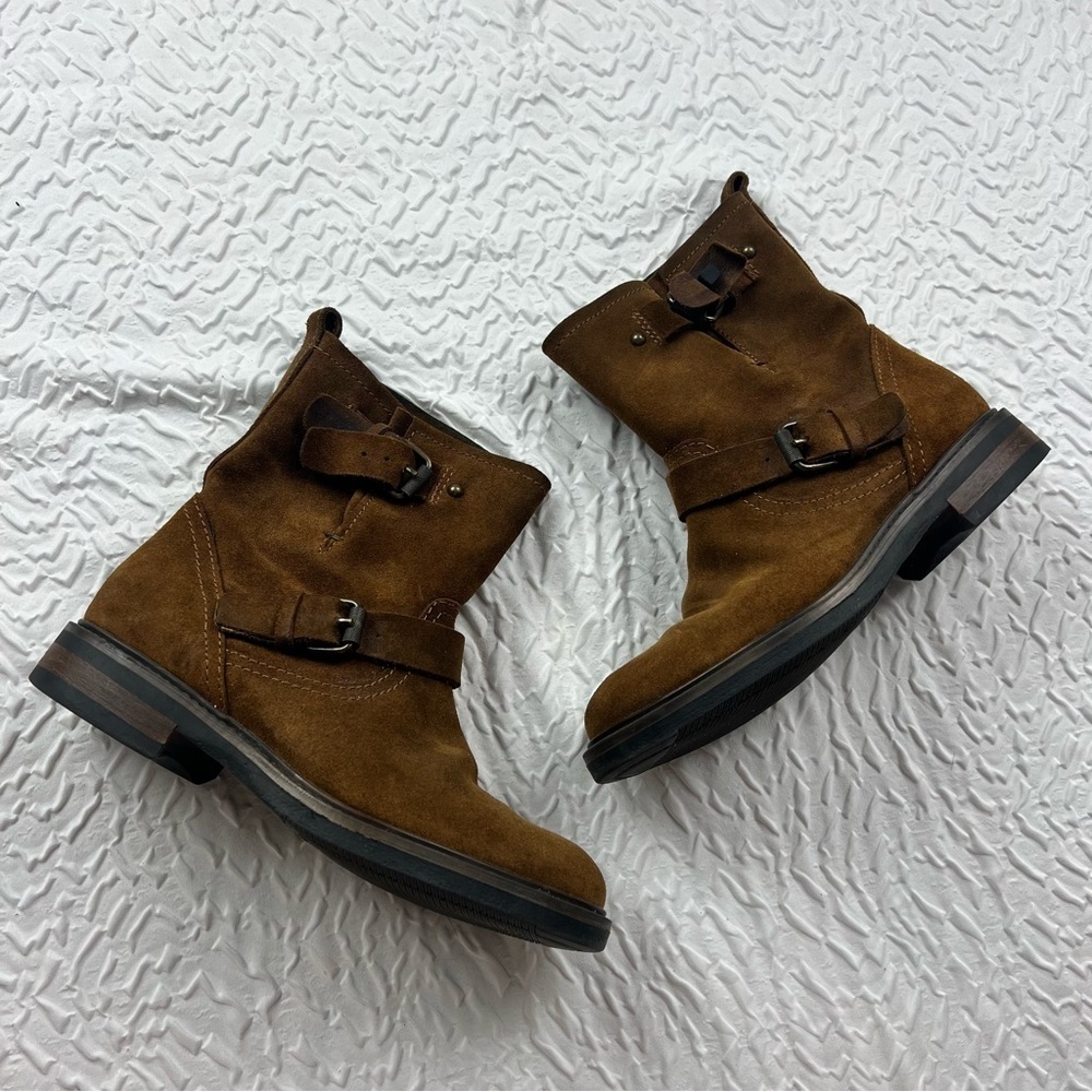 J Crew Boots 5.5 Brown Suede Shoes Biker Moto Buckle Engineer WARM CHESTNUT - Picture 3 of 10